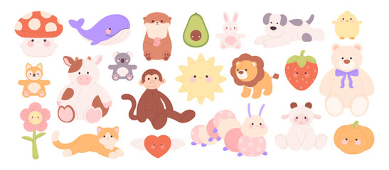 Plush stuffed toys. Textile animals, fabric avocado pumpkin heart mushroom sunny flower. Funny bear monkey cow koala whale, racy vector clipart