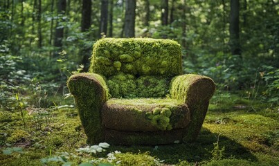 Moss armchair in the forest. Soft and comfortable armchair covered with green moss, ecology and nature, meditation, tranquility concept