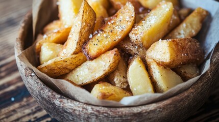 Crispy Golden Potato Wedges in Wooden Bowl