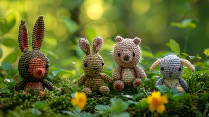 Fototapeta premium A collection of beautifully handmade crochet animals displayed in a sun-dappled forest clearing, blending creativity with nature in a whimsical and charming setting.