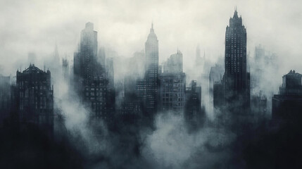Obraz premium Misty Cityscape Urban Shadows Covered and Enveloped in a Deep, Thick Fog with an Eerie Atmosphere
