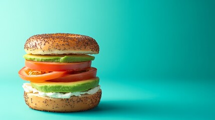 Fresh Bagel Sandwich with Avocado and Tomato on a Colorful Background