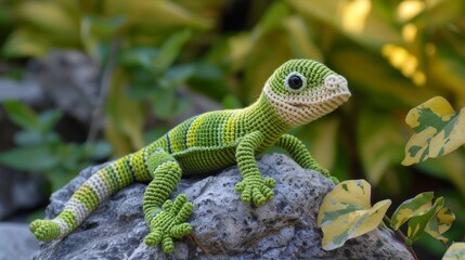 Fototapeta premium A vibrant crochet gecko rests quietly on a rock, content in its synthetic habitat, showcasing both creativity and the natural beauty of reptilian grace.