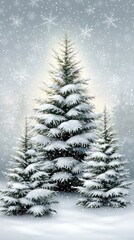 Obraz premium Snowflakes gently fall from the sky as sunlight filters through pine trees, creating a tranquil winter atmosphere