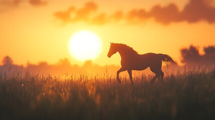 Dramatic photo of a silhouette of a horse running at sunset