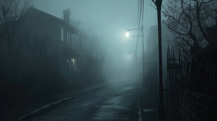 Fototapeta premium The Mysterious Foggy Street Set Within an Abandoned Cityscape Awaits Intriguing Discoveries