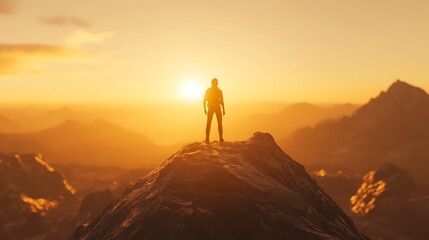 Dramatic silhouette of a person on a mountain peak looking towards the sunrise, close-up