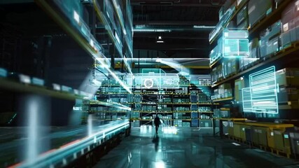 A worker navigates through a high-tech warehouse filled with shelves of boxes. Digital displays project information onto surfaces, showcasing advanced technology in action - Powered by Adobe