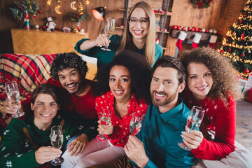 Photo of attractive young people hold champagne glass drink have fun new year decoration interior celebrate home party apartment