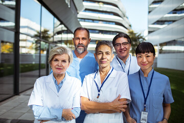 Portrait of a confident medical team outside modern hospital