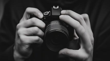 A person holding a camera in dim lighting, preparing to capture a moment with focus and anticipation in a creative setting