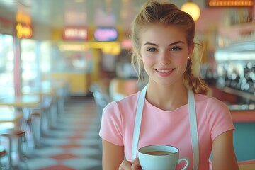 Cheerful young woman serving coffee in a nostalgic diner setting during the daytime