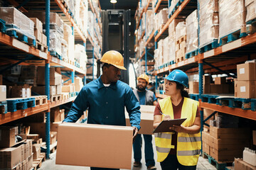 Warehouse workers in hard hats checking inventory and lifting boxes