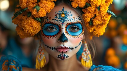 A woman dons intricate face paint inspired by Día de los Muertos, with bright blue and orange hues