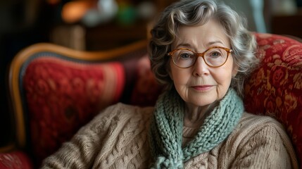 Elderly woman sitting comfortably in a cozy living room reading on a winter afternoon