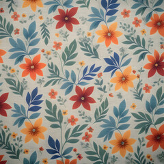 Papel de parede com Estampa florida em tons pasteis com cores vermelha, azul, amarelo, e verde azulado. Pano de mesa com suave textura de flores.