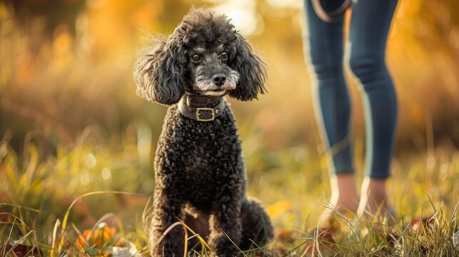 A curly-coated black dog sits attentively on a grassy field, with soft autumn light illuminating the scene. The dog wears a collar, showing its domestic nature. - Powered by Adobe