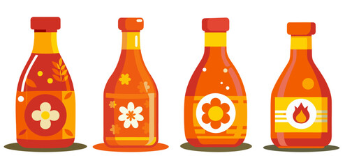 Set of bottles full of hot sauces with fire symbol on its label standing on table. Asian collection culture element or traditional symbol of asia