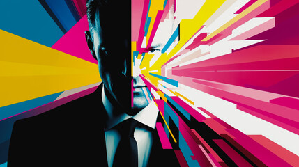 abstract business man stands on the peak of success amid tall, innovative Arrows point the way to success. and graphs with statistics to analyze business potential and predict future developments in