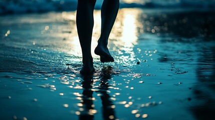 Silhouette of a surfer walking along the beach at dawn, close-up