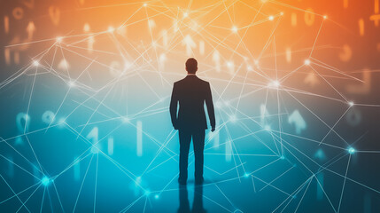 abstract business man stands on the peak of success amid tall, innovative Arrows point the way to success. and graphs with statistics to analyze business potential and predict future developments