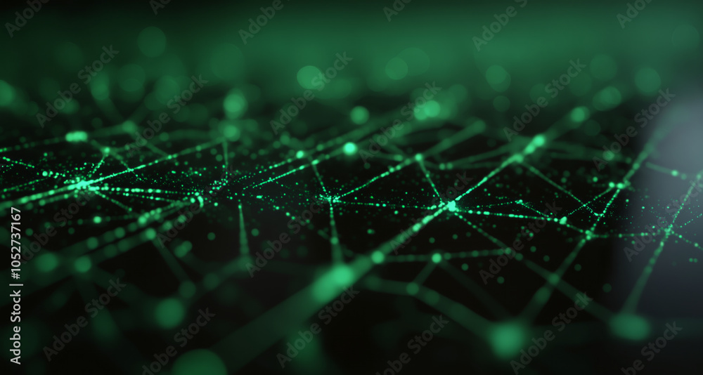 Poster a dark green background with interconnected lines and dots forming a complex, network-like structure