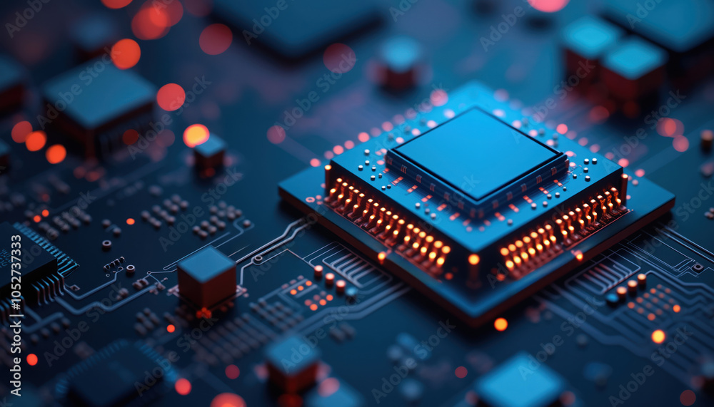Poster advanced processor on circuit board: a close-up of an advanced processor on a circuit board, surroun