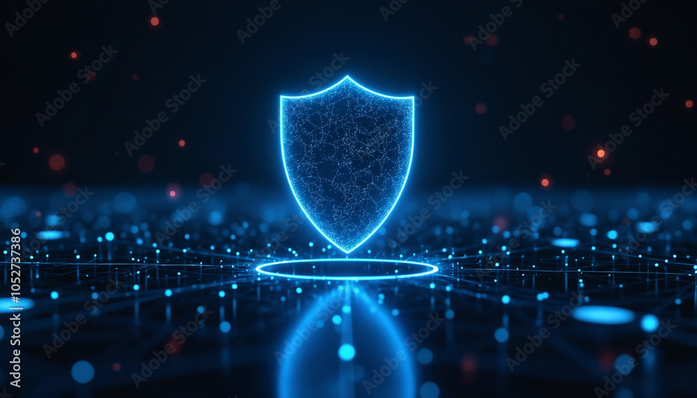 Poster shield icon with network security: a shield icon connected within a network, symbolizing protection 