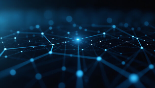 Digital Mesh Network with Glowing Blue Nodes: A digital mesh network featuring glowing blue nodes, representing interconnected technology and data flow.