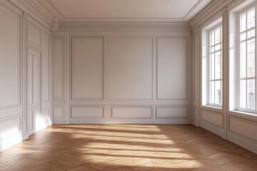 Obraz premium A large room with white walls and wooden floors. There are no furniture or decorations in the room