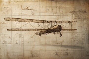 A vintage chalk drawing of the Wright Brother's Kitty Hawk first flight, with drawings and technical notes in the background depicting its design details. 