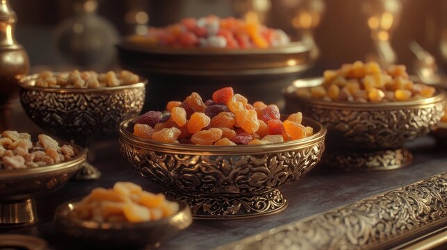 A creative arrangement of sweets and dried fruits in ornate bowls, symbolizing abundance for Dhantera.