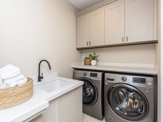 A laundry room with a sink and two dryers. A basket of towels is on the counter