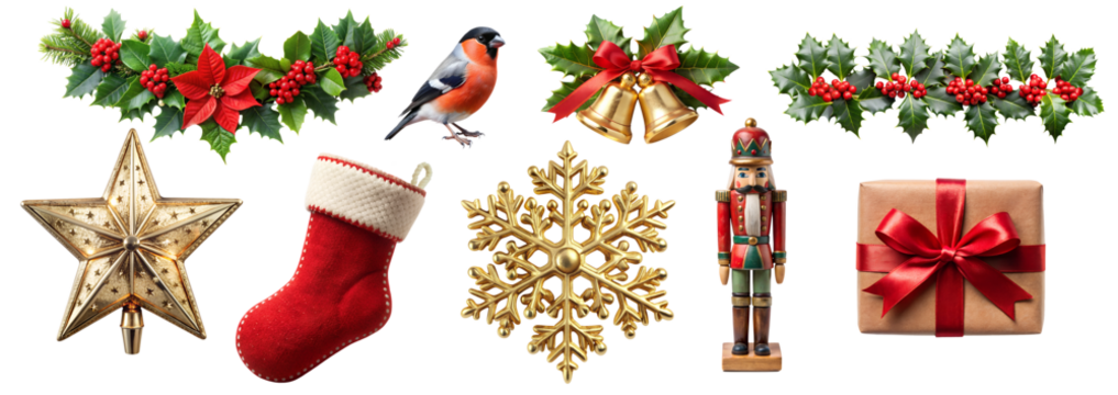 Christmas Elements Set with Ornaments, Bird and Gift, Nutcracker with Golden Star Tree Topper, Gift Red Sock and Holly Garland, Isolated on White Transparent Background, PNG Element