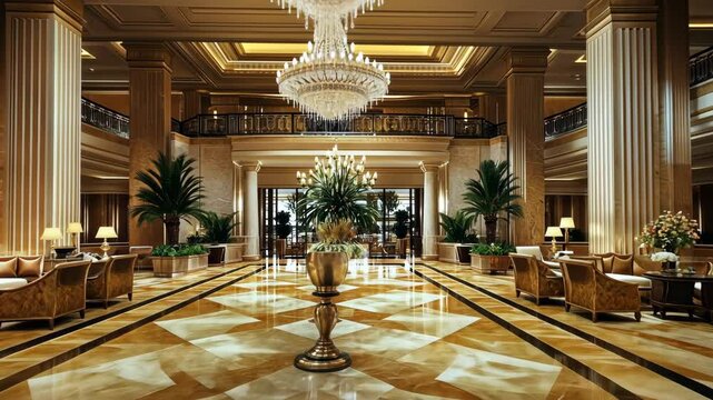A grand hotel lobby with marble floors and a large chandelier