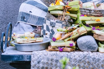 Wild rat is enjoying the offerings left at a traditional balinese hindu temple ceremony, showcasing the spiritual connection with nature and the cycle of life in bali, indonesia