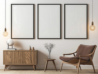 4 blank posters on the wall in an interior of modern minimalistic room black white and color decor two poster is next to a small lamp over top of nightstand table an