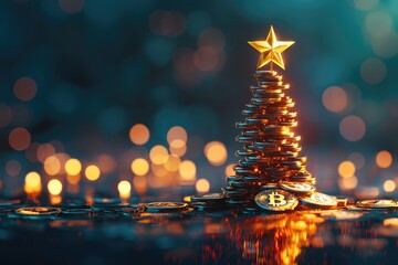 A Christmas tree crafted from bitcoins on a dark background with space for copy. Perfect for business greetings and financial or crypto market holiday themes.