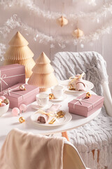 Beautiful table set for Christmas with decorations and baubles.