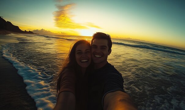 Couple taking a joyful selfie at the beach during sunrise, capturing a beautiful moment together on a calm morning