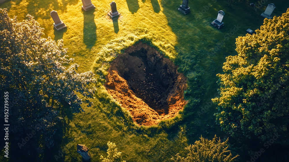 Wall mural an excavation in the ground at a nearby cemetery, dug to place a new coffin for the deceased, a hole