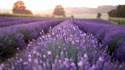 Naklejka premium Title Blooming lavender field under soft dawn light