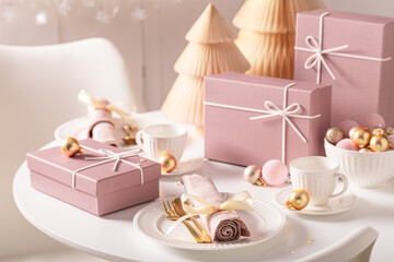 Beautiful table set for Christmas as Christmas Eve gift card.