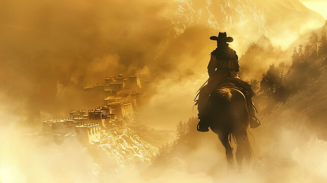 In the misty morning of Tibet's high mountains, a lone swordsman rider in a bamboo hat moves along the hills toward a distant village, bathed in golden sunlight.