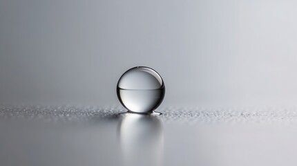 Clear water droplet resting on smooth surface, reflecting soft light