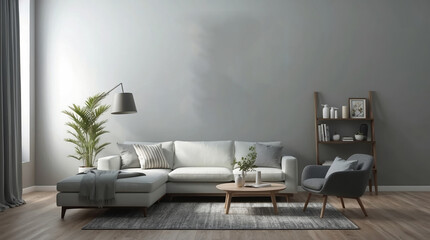 Modern living room featuring gray walls, minimalist furniture, artificial plant, and wooden flooring creating a cozy atmosphere
