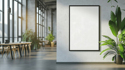 a detail of blank poster on wall in modern office space in europe sunny weather natural lighting