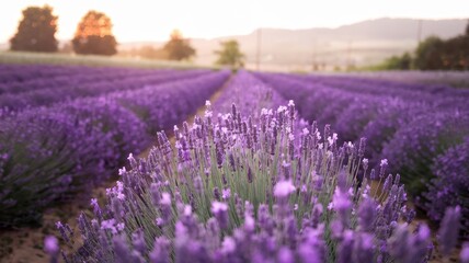 Obraz premium Title Lush lavender field under clear sunrise sky