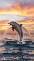 Obraz premium Title Dolphin leaping from water at sunset