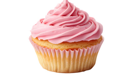 Cupcake with pink icing on white background